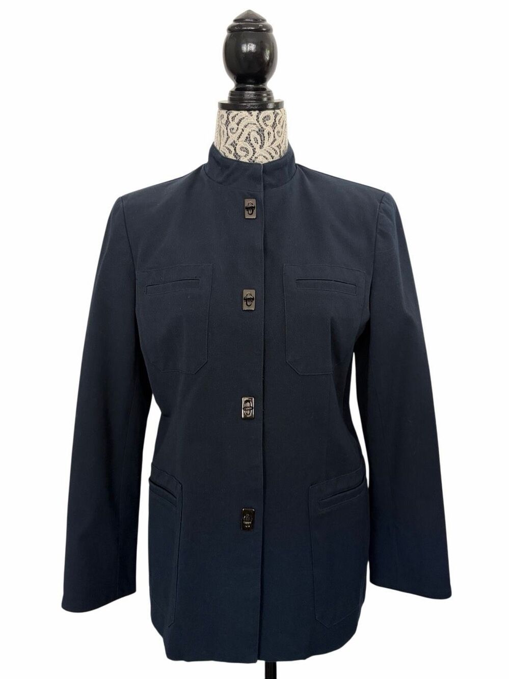 Lauren Ralph Lauren Navy Military Equestrian Jacket Leather Trim Size 10 - Picture 4 of 12